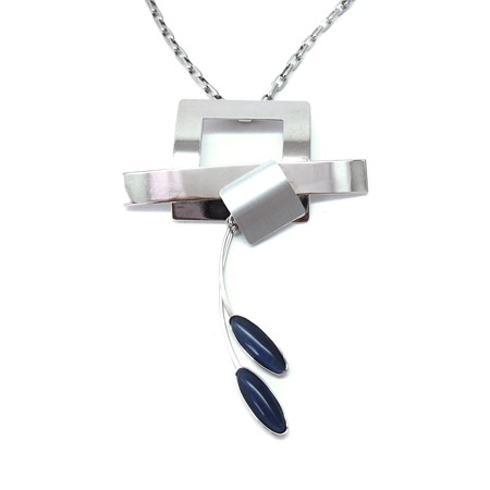 Long 32" Silvertone and Blue Catsite Necklace by Crono Design